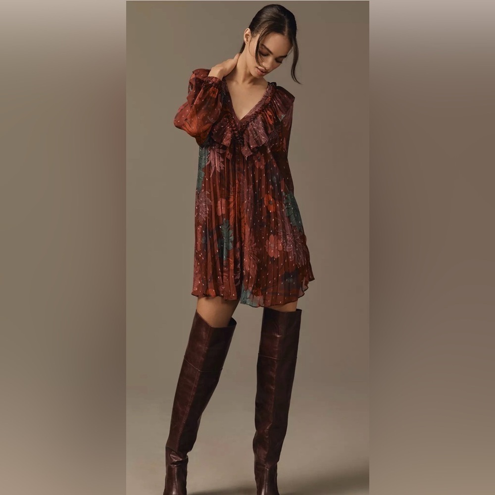 Anthropologie Toulon Pleated Ruffle Mini Dress Floral Burgundy SP